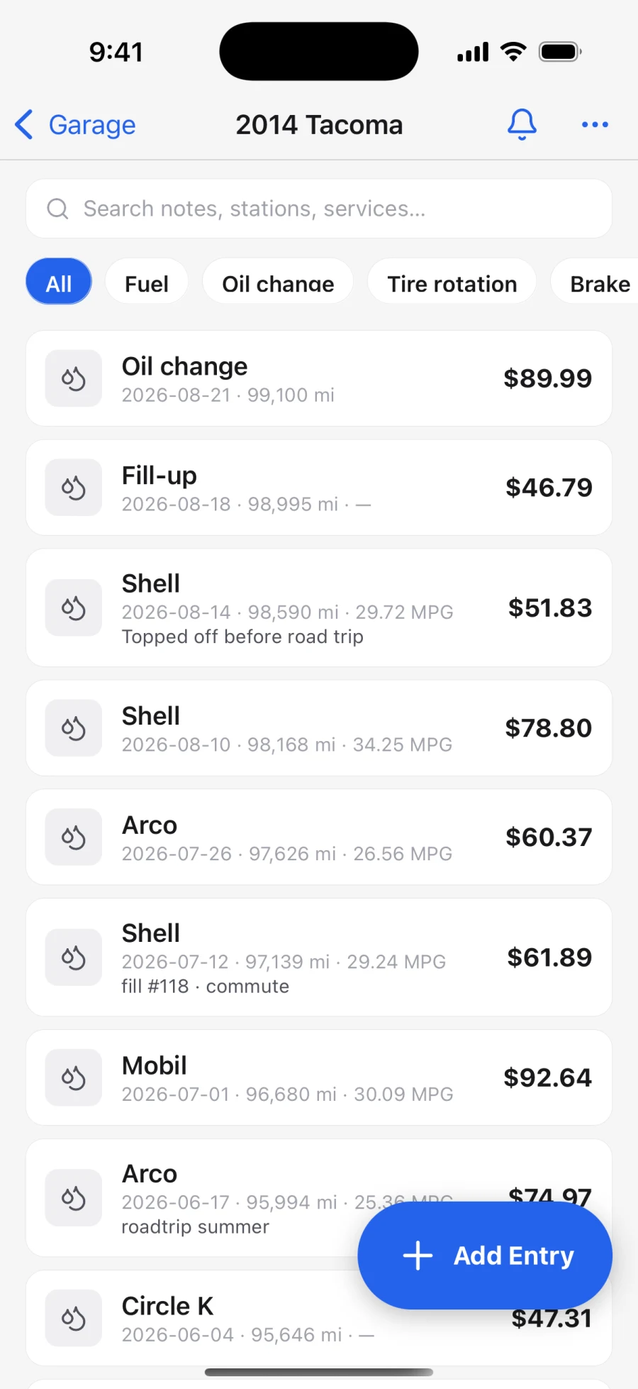 Car Log's vehicle timeline for a 2014 Tacoma showing fuel fill-ups with MPG, an oil change record, and an honest “—” where MPG can't be computed
